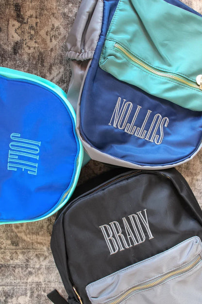 Personalized Black + Grey Colorblock Backpack – Standard Size, Custom Name Embroidery Included