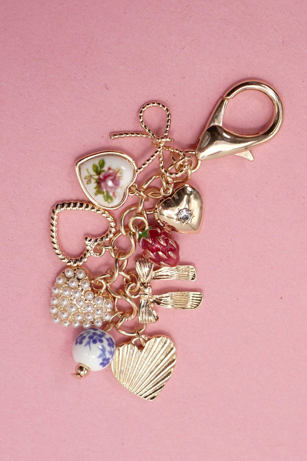 PORCELAIN BOWS HEARTS PEARL STRAWBERRY BAG CHARM