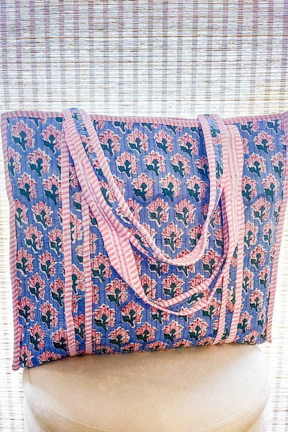 Sybil Blue & Pink Floral Tote Bag – Personalized Cotton Tote, Custom Embroidered Name, Limited Edition Bag