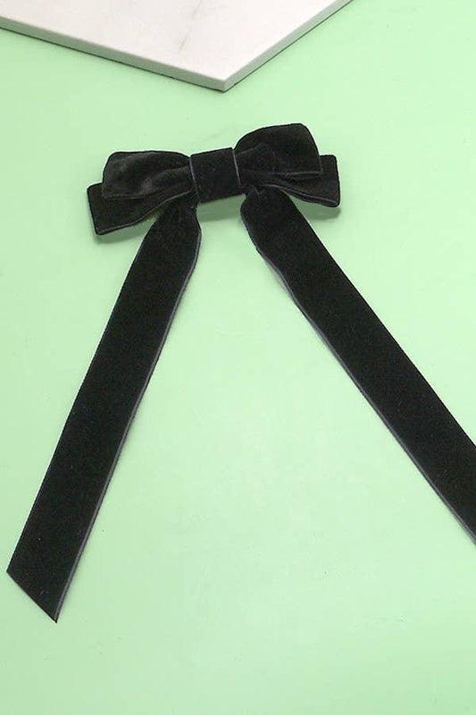 SOFT LONG VELVET RIBBON BOW HAIR CLIPS - Black