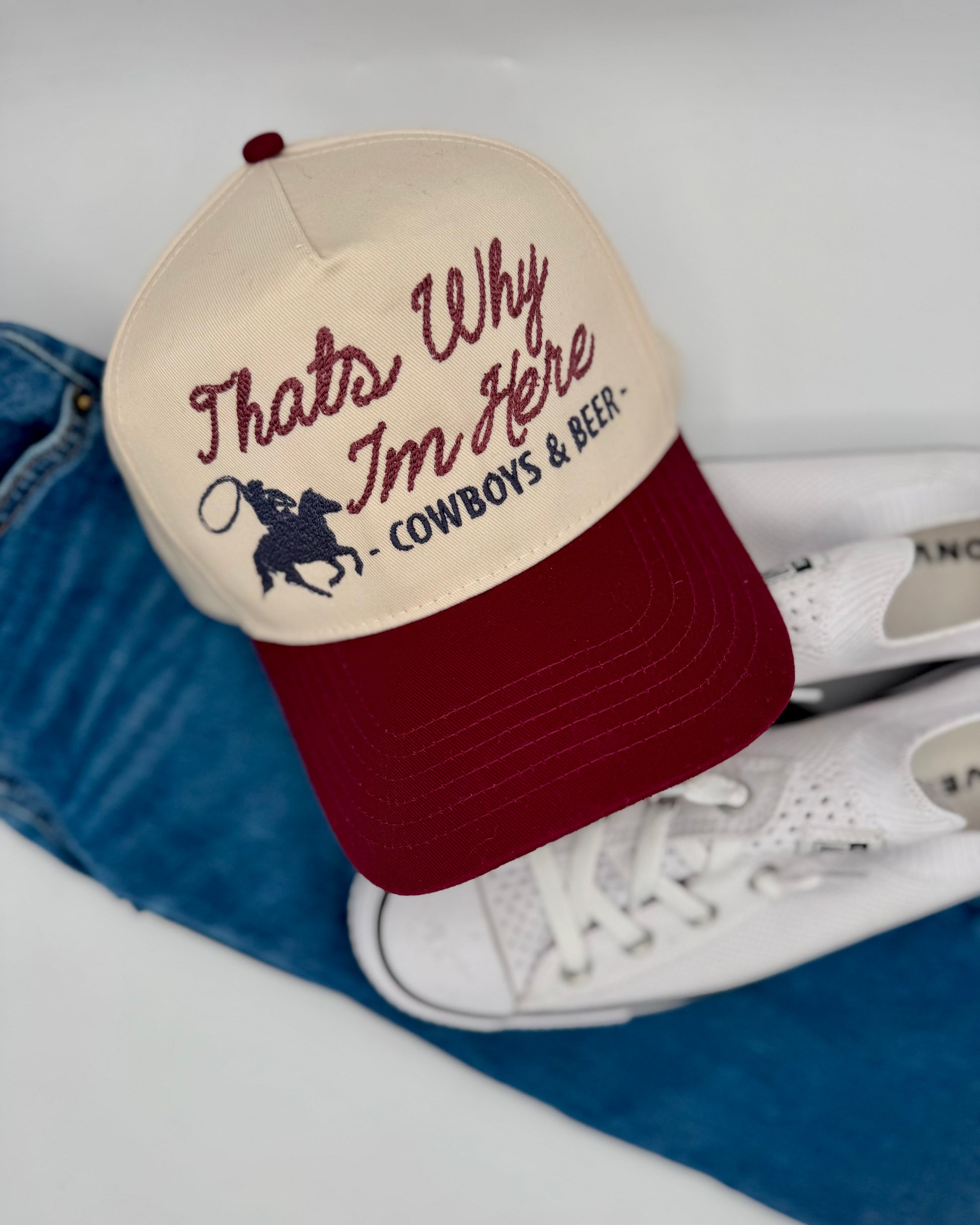 Cap with 'That's Why I'm Here, Cowboys & Beer' text on a white background