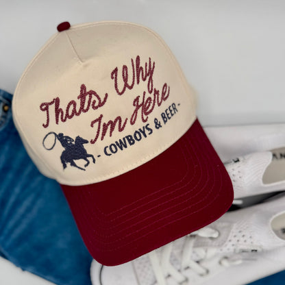 Cap with text 'That's Why I'm Here - Cowboys & Beer' on a white background