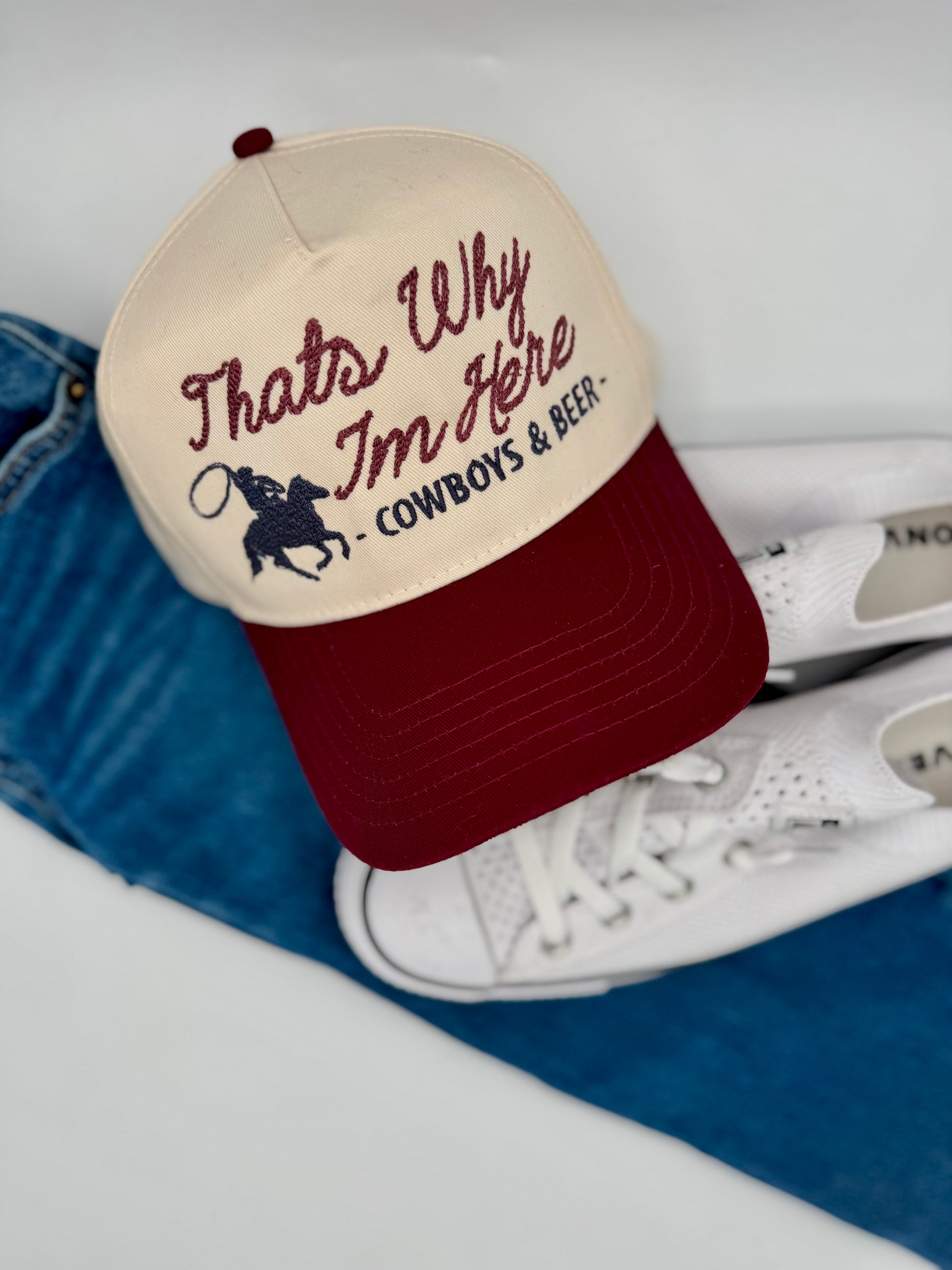 Cap with 'That's Why I'm Here Cowboys & Beer' text on a white background