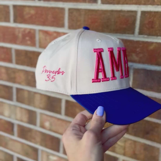 Amen embroidered cap in pink and blue with proverbs 3:5 on the side