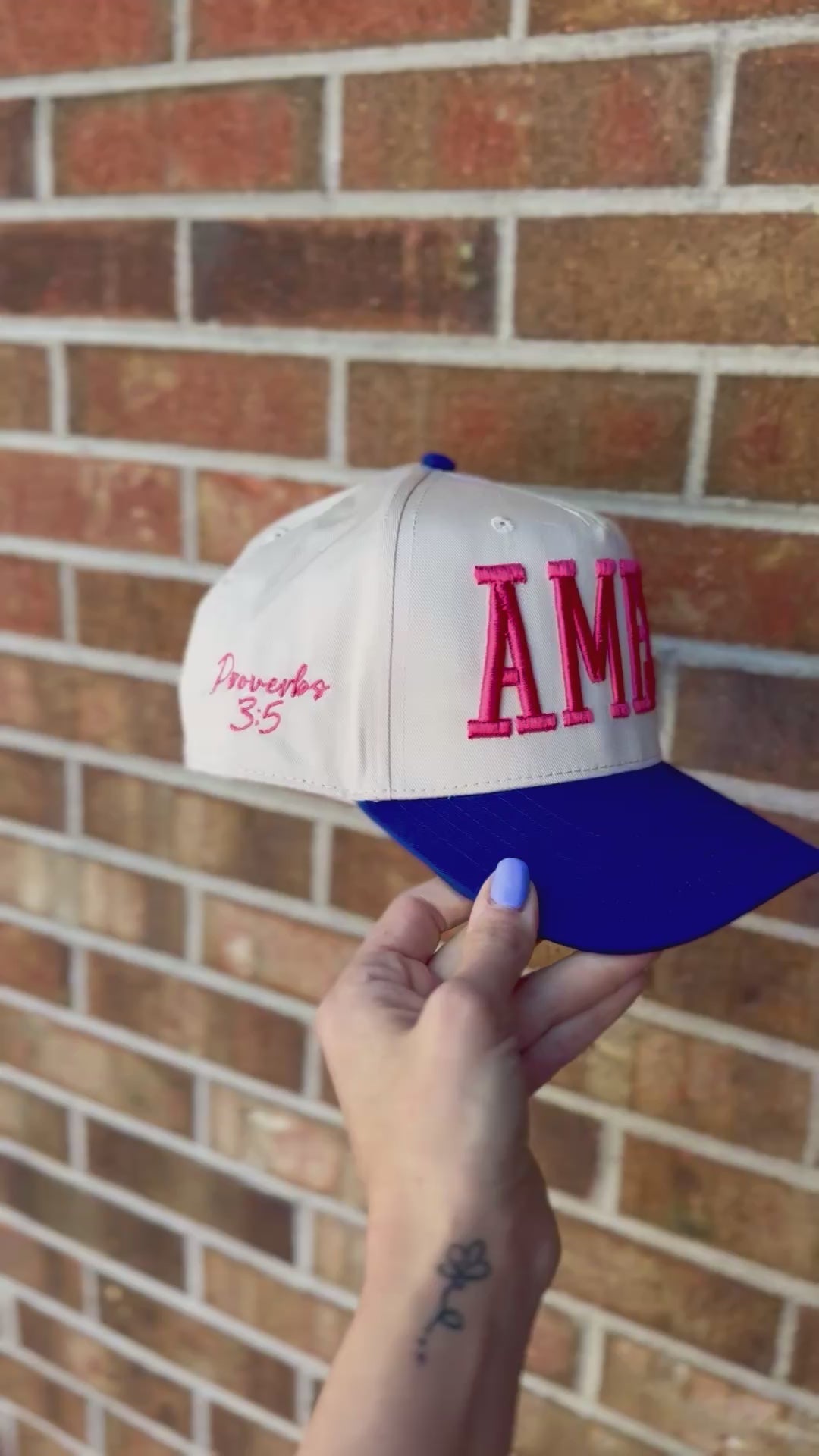 Amen embroidered cap in pink and blue with proverbs 3:5 on the side