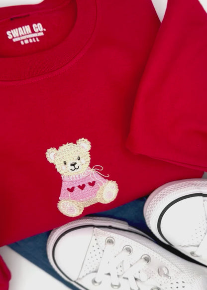 Embroidered Valentine Bear Sweatshirt, Pink Teddy Bear Valentine Sweater, Cute Valentine’s Day Crewneck, Love Bear Pullover