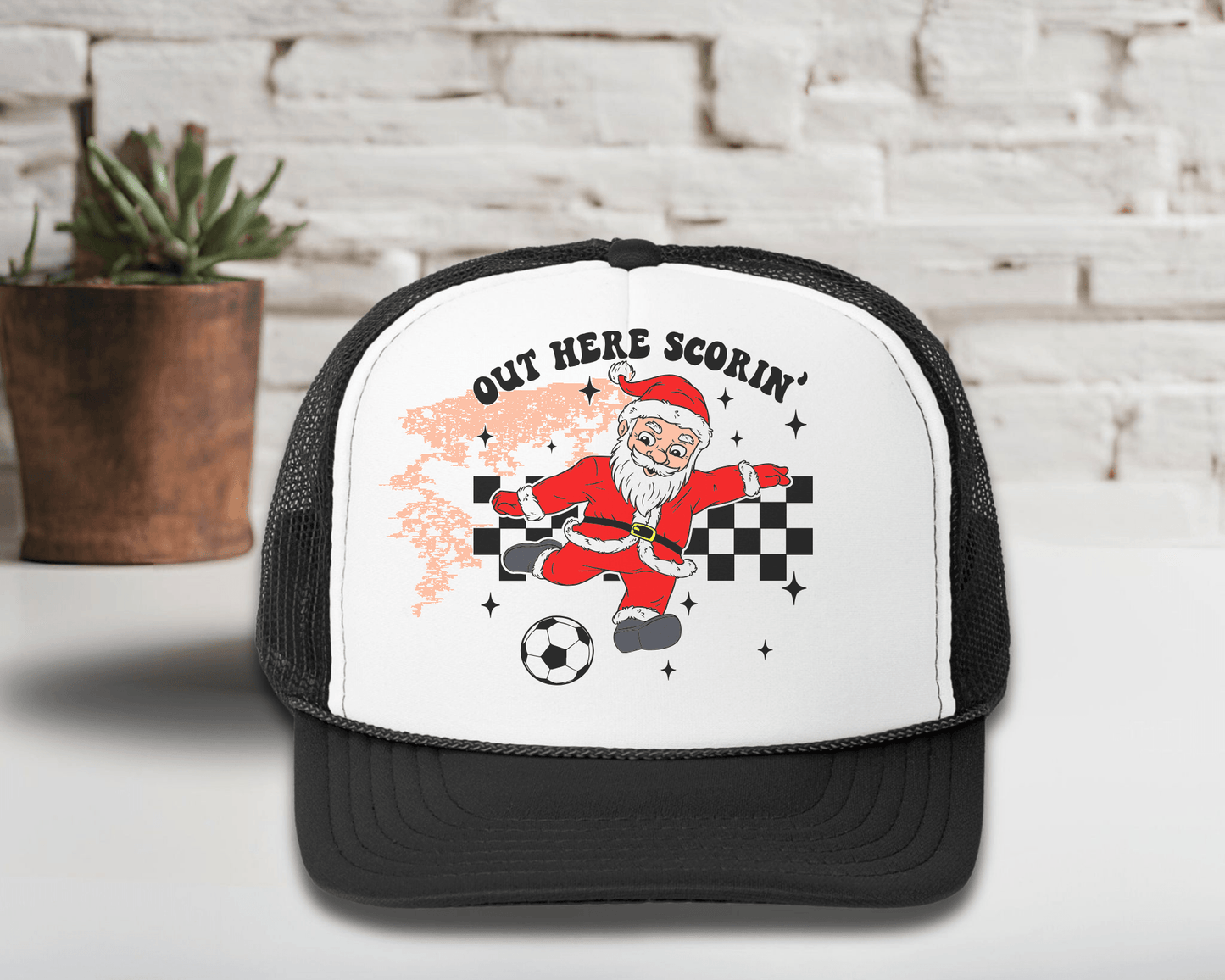 Out Here Scorin' Soccer Santa Christmas Trucker Hat - Swain Co. Designs & Apparel