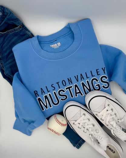 Blue sweatshirt with 'Ralston Valley Mustangs' text, white sneakers, and a baseball on a light gray background